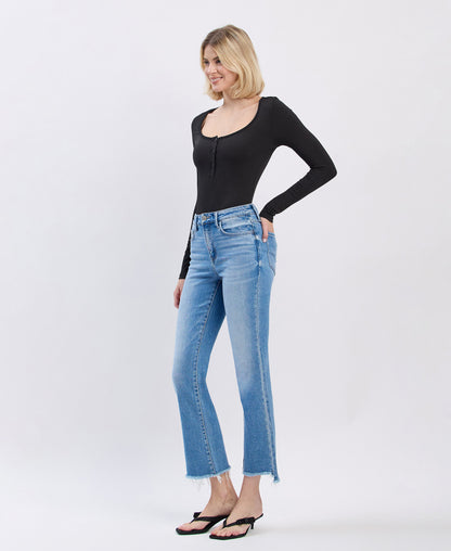 Left 45 degrees product image of Cedar Lane - High Rise Slant Raw Hem Crop Flare Jeans