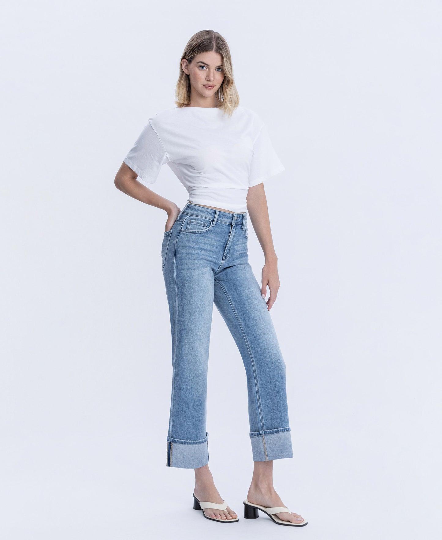 Right side product images of Elan - High Rise Cuffed Slim Wide Leg Jeans