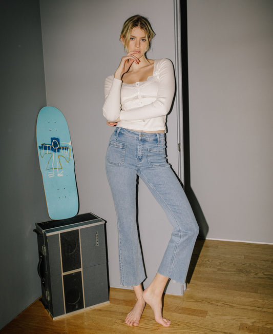 editorial image of Resound - High Rise Patch Pocket Crop Flare Jeans