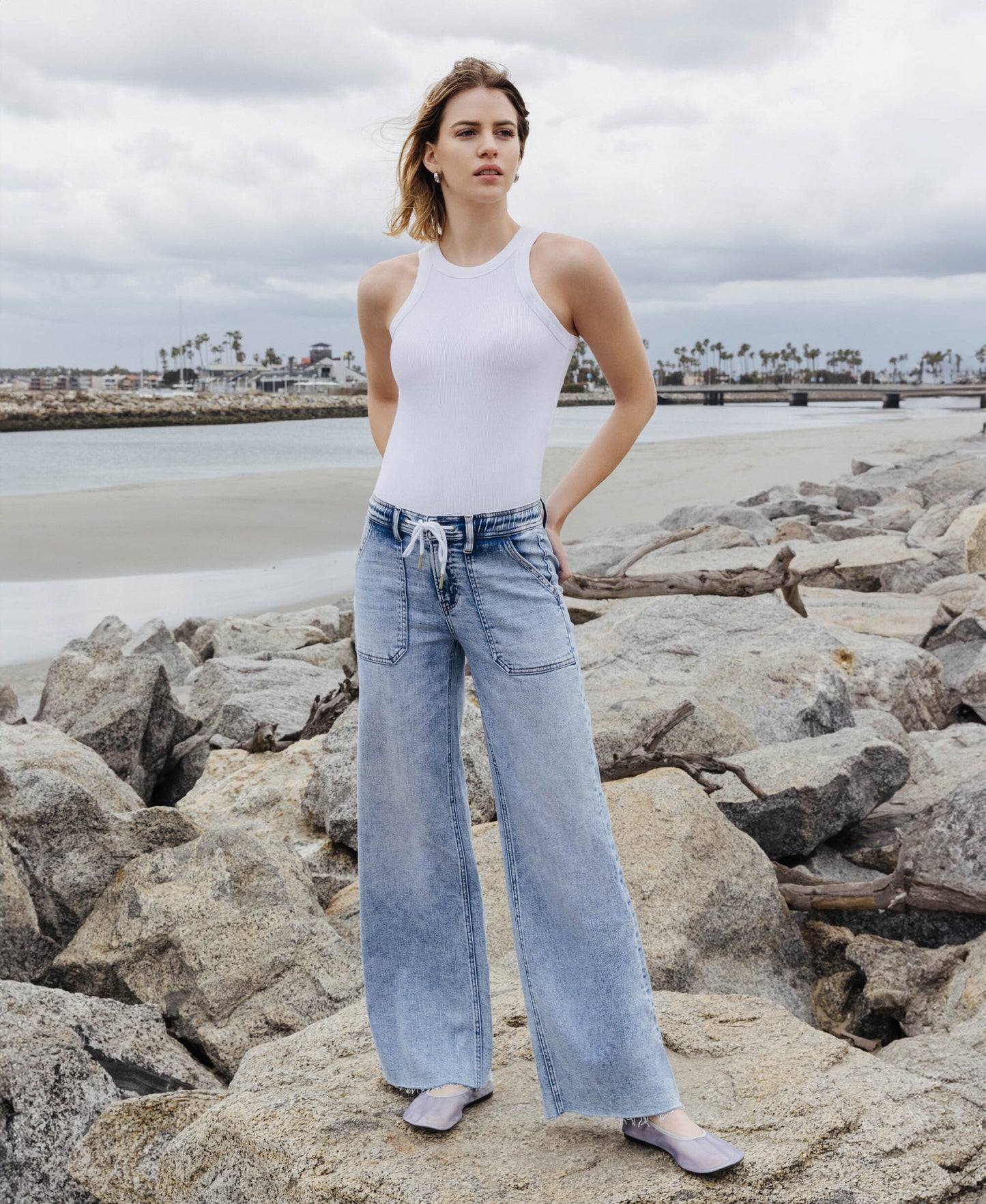 EDITORIAL IMAGE OF Clearly - High Rise Drawstring Waistband Wide Leg Jeans