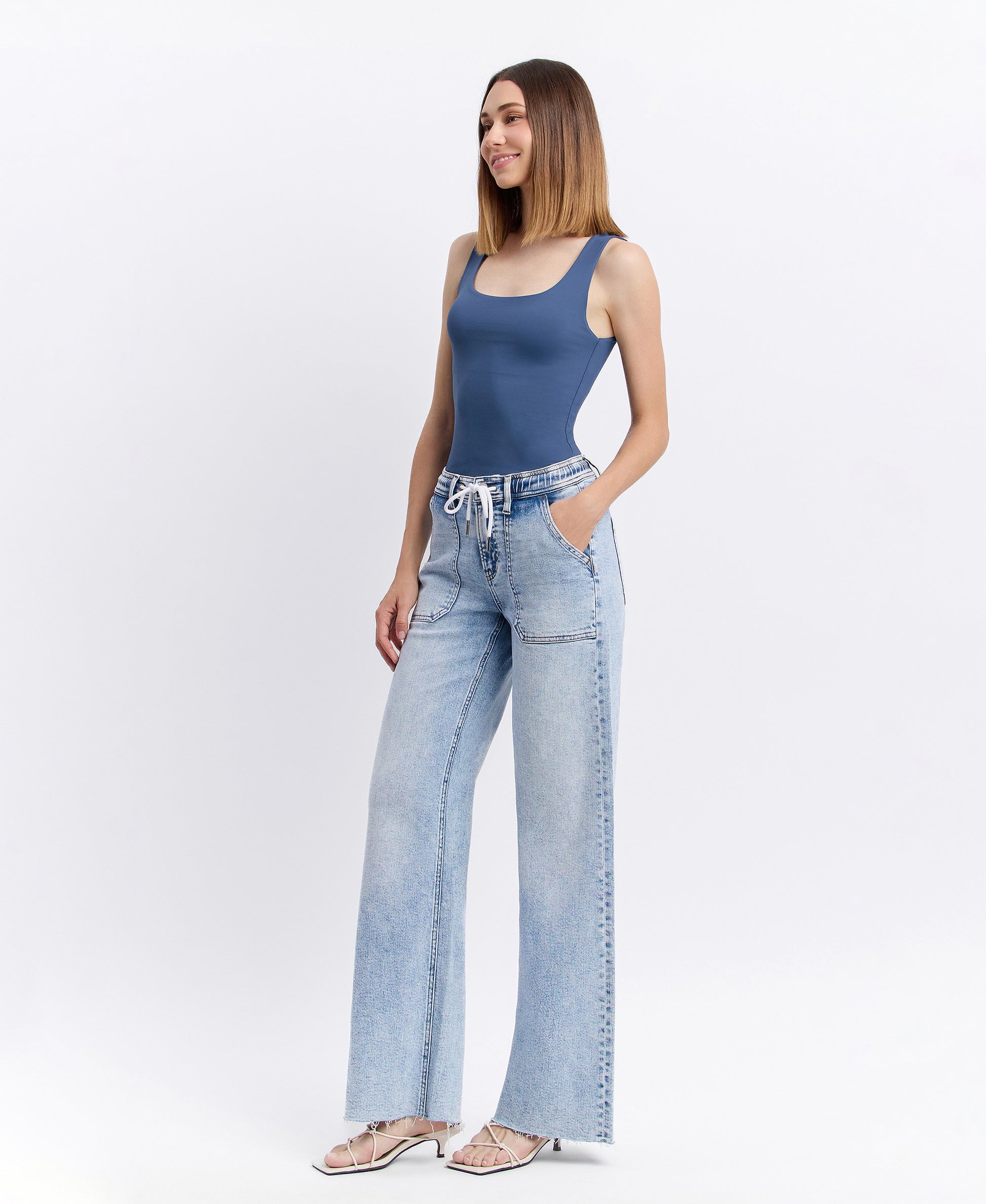 Left 45 degrees product image of Clearly - High Rise Drawstring Waistband Wide Leg Jeans