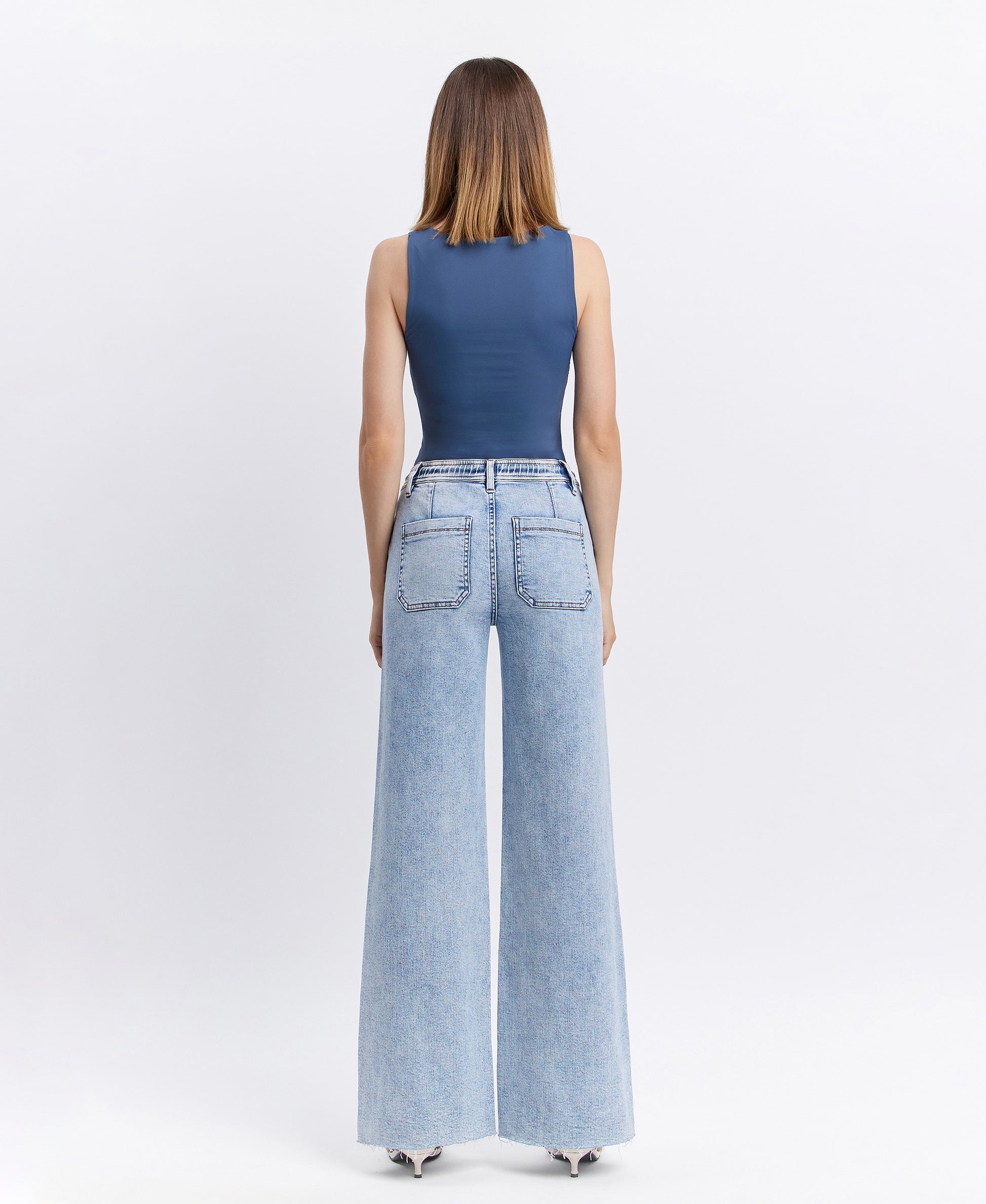 Back product images of Clearly - High Rise Drawstring Waistband Wide Leg Jeans