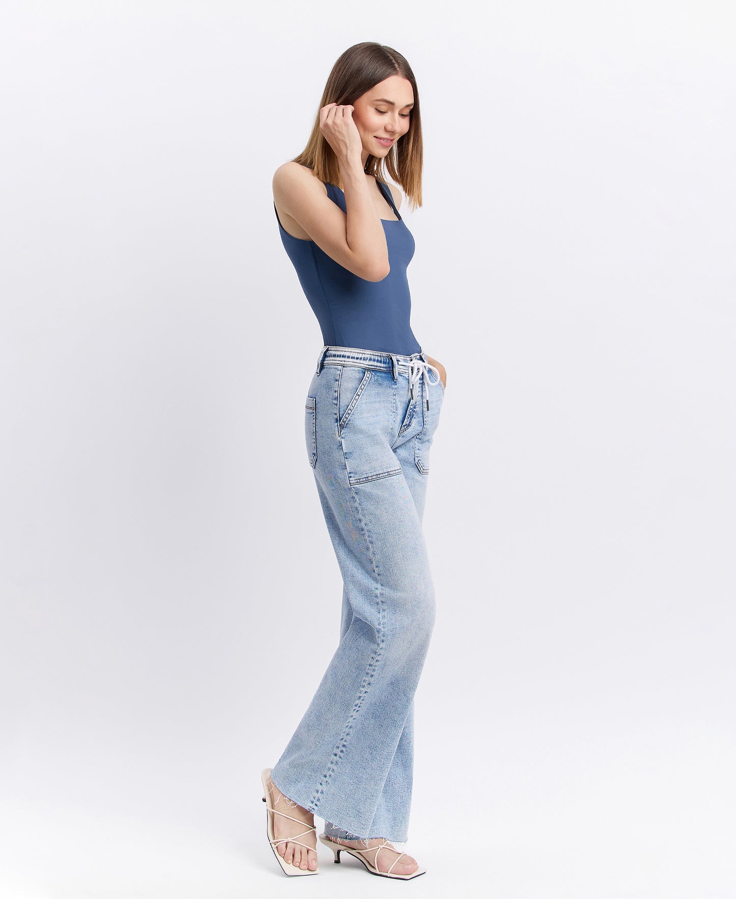 Right 45 degrees product image of Clearly - High Rise Drawstring Waistband Wide Leg Jeans