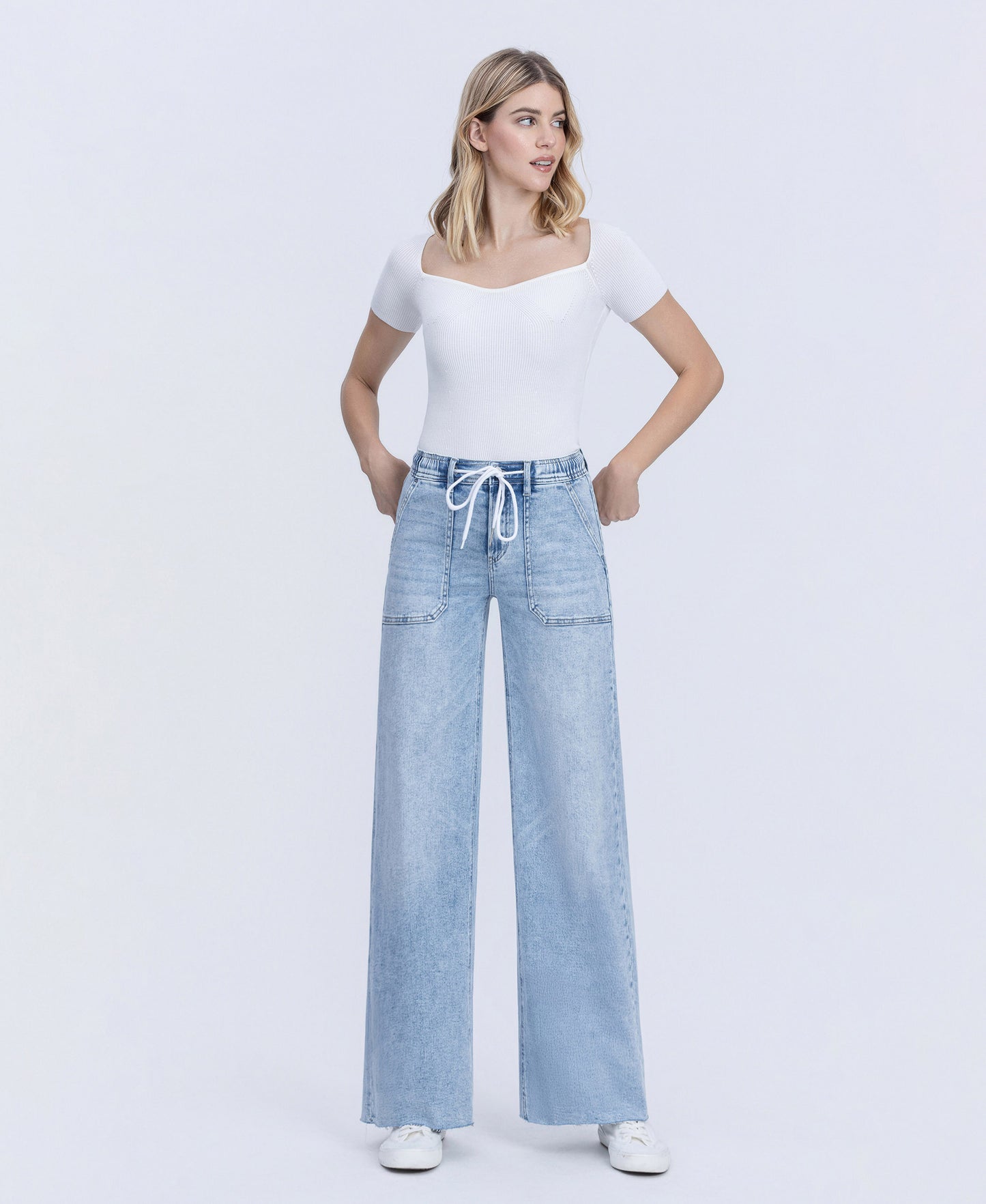 Front product images of Clearly - High Rise Drawstring Waistband Wide Leg Jeans