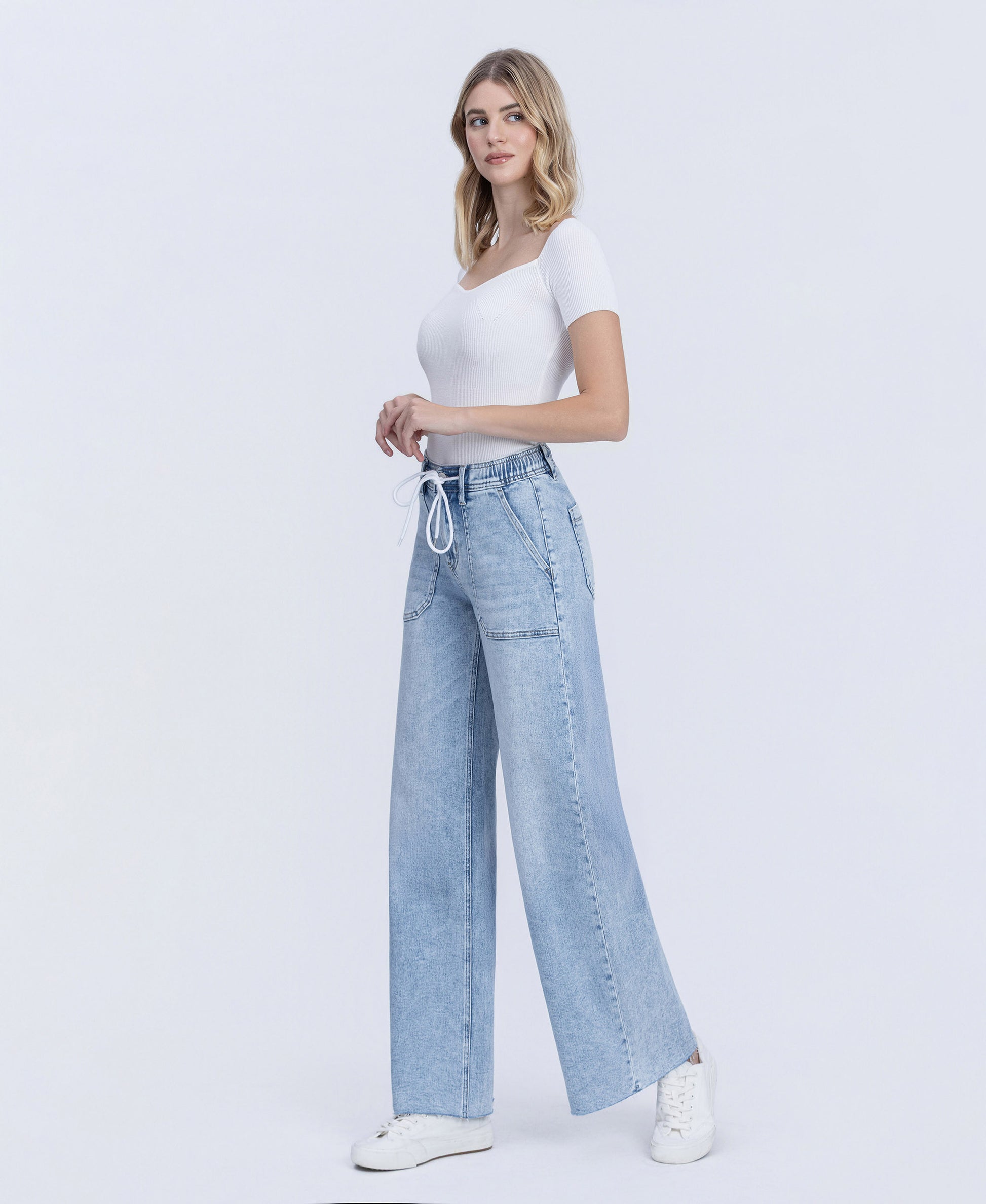 Left 45 degrees product image of Clearly - High Rise Drawstring Waistband Wide Leg Jeans