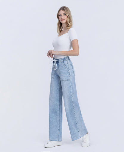 Left 45 degrees product image of Clearly - High Rise Drawstring Waistband Wide Leg Jeans