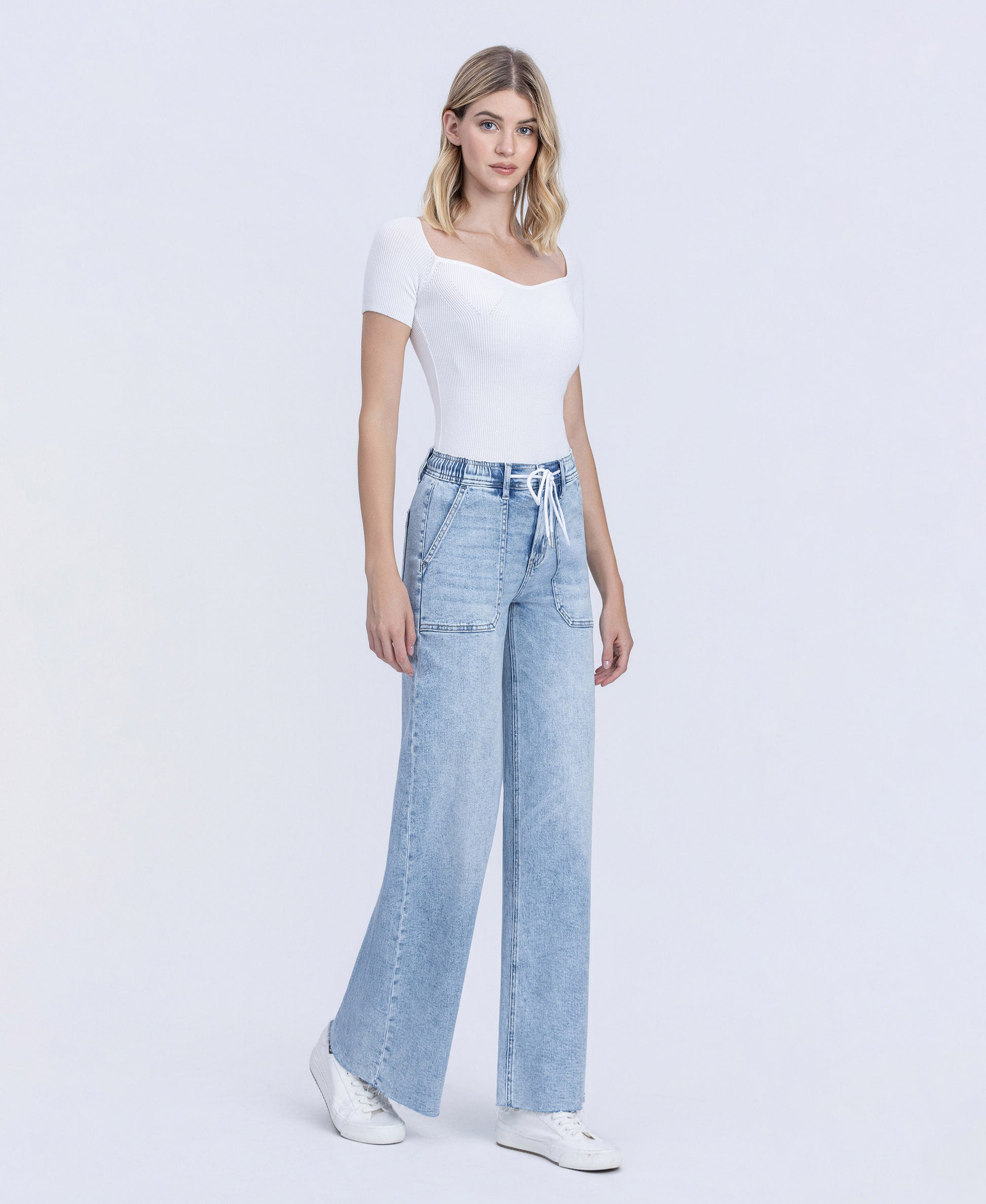 Right 45 degrees product image of Clearly - High Rise Drawstring Waistband Wide Leg Jeans