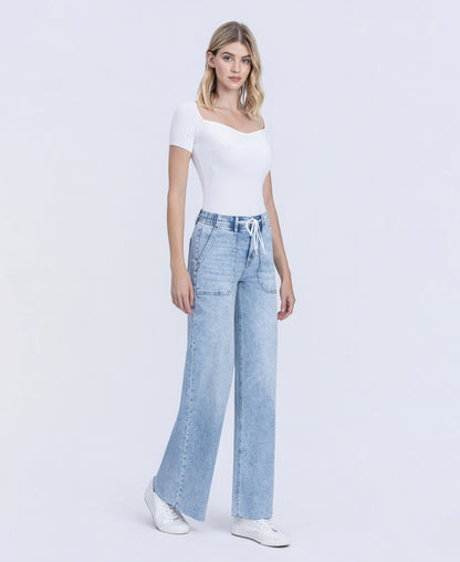 Right 45 degrees product image of Clearly - High Rise Drawstring Waistband Wide Leg Jeans