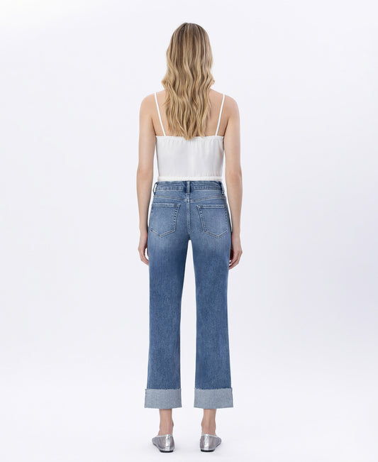 Back product images of Radiantly - High Rise Seamless Waistband Cuffed Straight Jeans