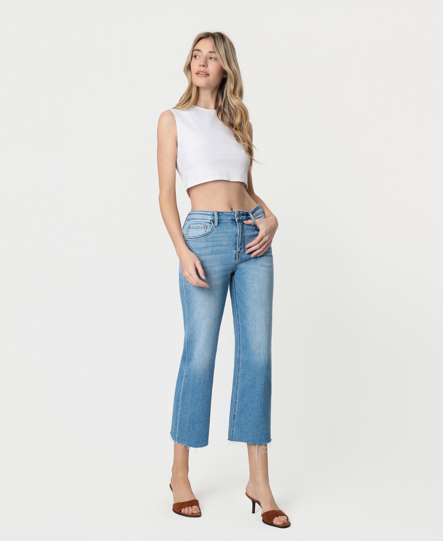 Balanced - High Rise Raw Hem Crop Slim Wide Leg JeansRight side product images of 