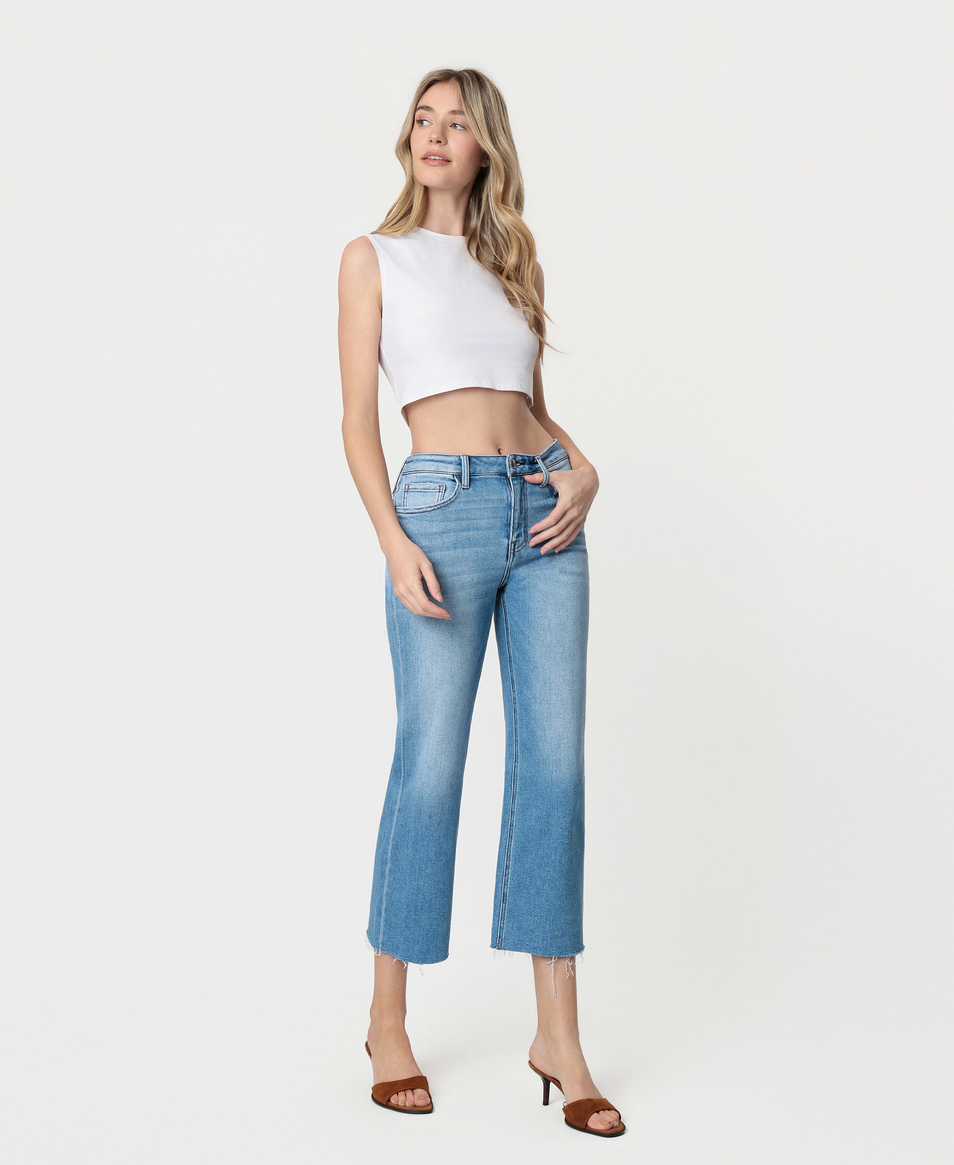 Balanced - High Rise Raw Hem Crop Slim Wide Leg JeansRight side product images of 