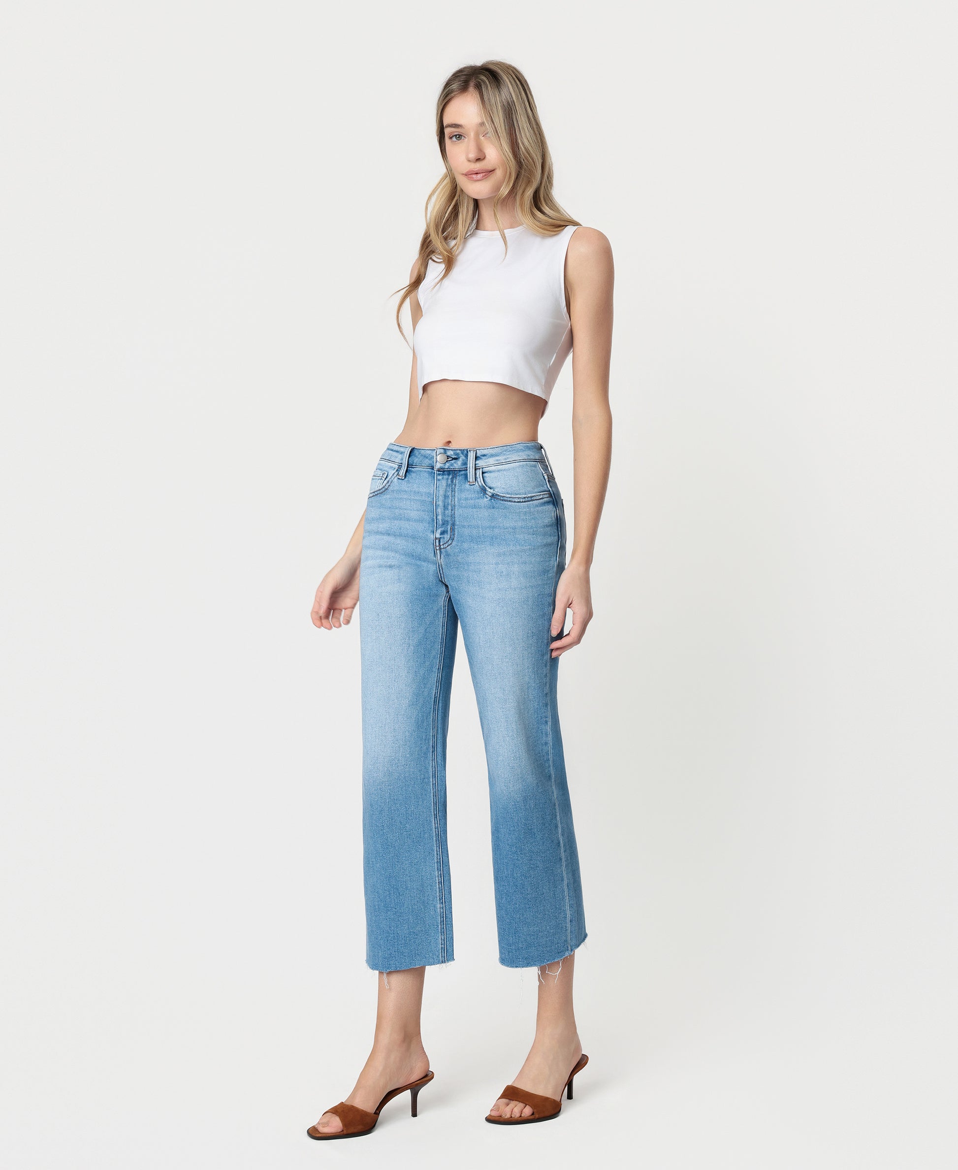 Left 45 degrees product image of Well Balanced - High Rise Raw Hem Crop Slim Wide Leg Jeans
