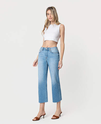 Left 45 degrees product image of Well Balanced - High Rise Raw Hem Crop Slim Wide Leg Jeans
