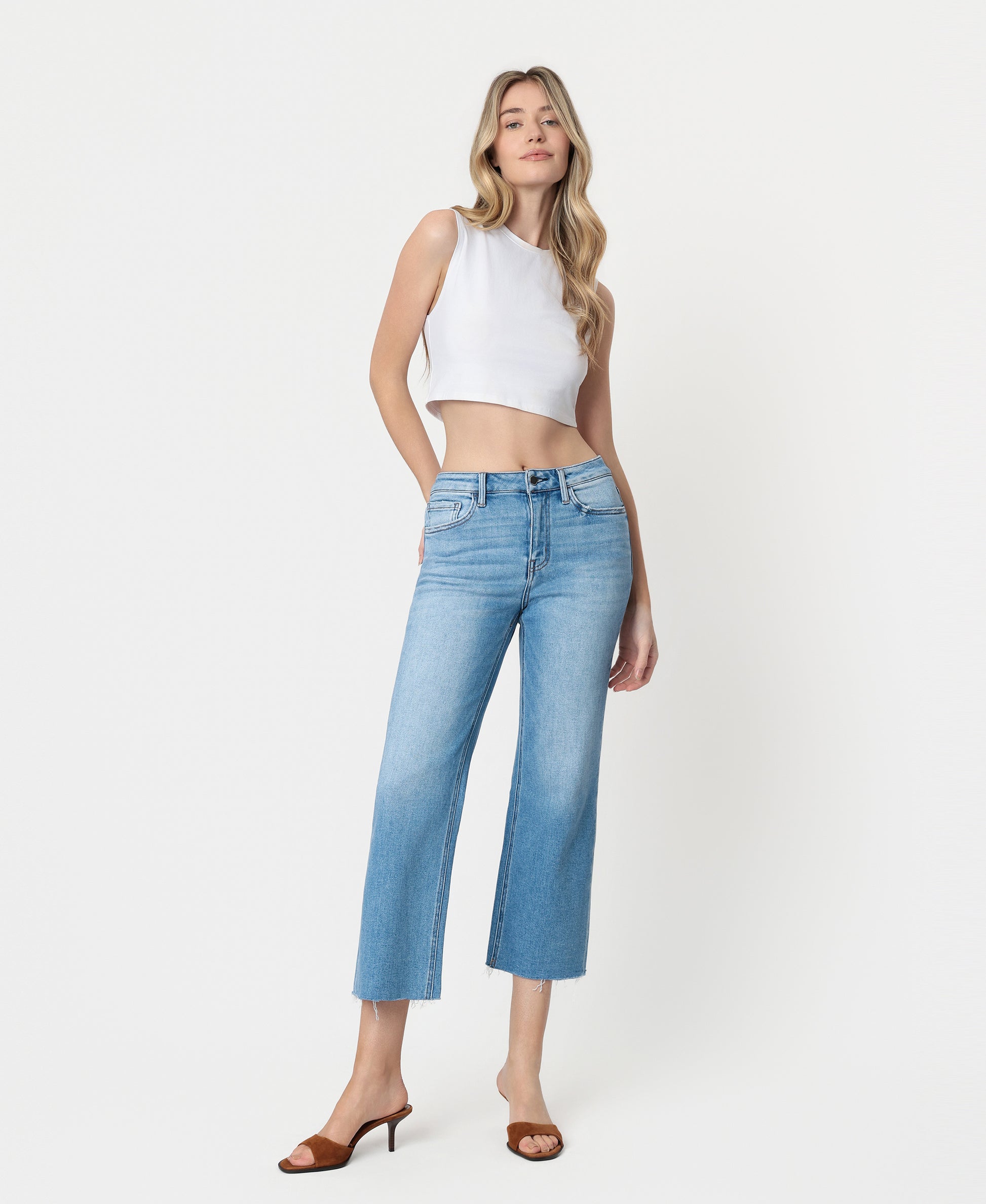 Front product images of Well Balanced - High Rise Raw Hem Crop Slim Wide Leg Jeans

