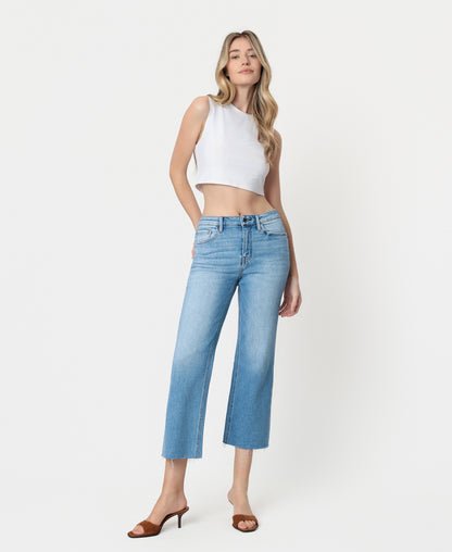 Front product images of Well Balanced - High Rise Raw Hem Crop Slim Wide Leg Jeans
