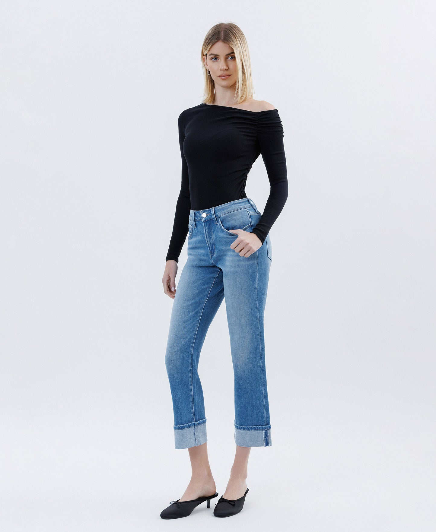 Left 45 degrees product image of Instinctively - High Rise Cuffed Crop Straight Jeans