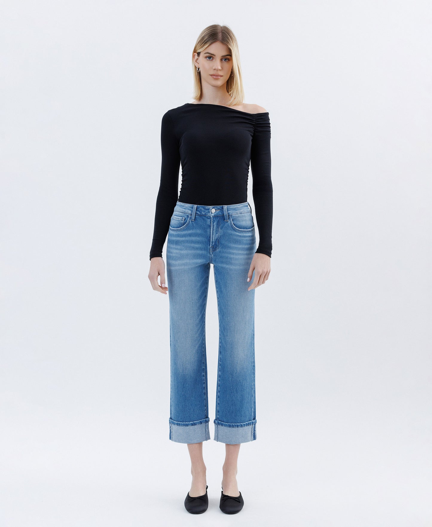 Front product images of Instinctively - High Rise Cuffed Crop Straight Jeans