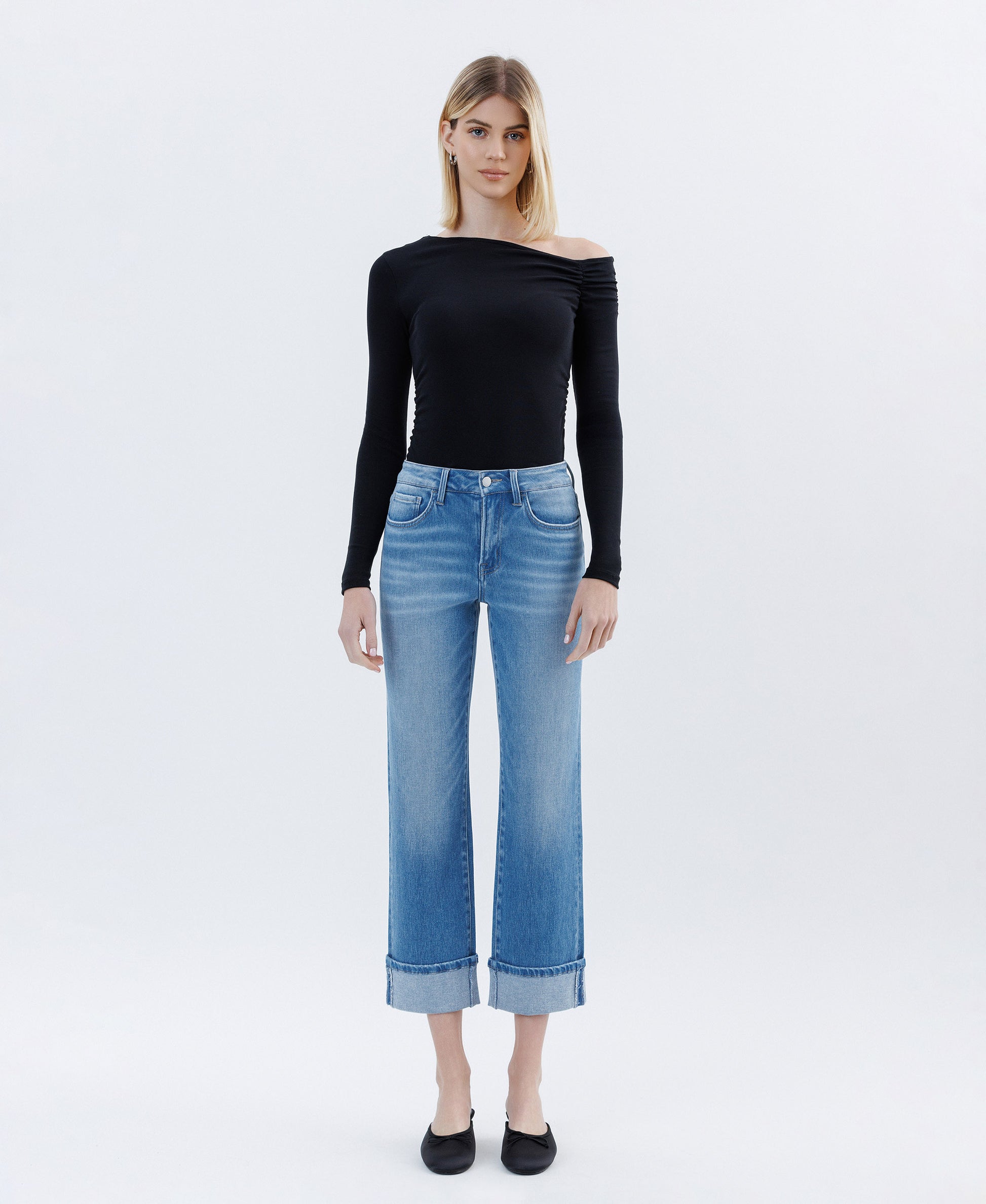 Front product images of Instinctively - High Rise Cuffed Crop Straight Jeans