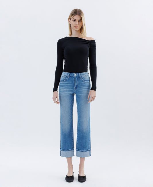 Front product images of Instinctively - High Rise Cuffed Crop Straight Jeans