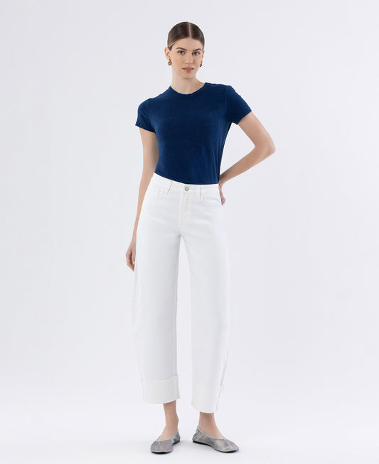 Front product images of Optic White - High Rise Cuffed Crop Barrel Leg Jeans