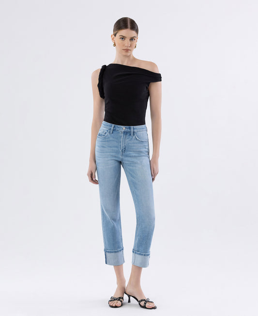 Front product images of Motivated - High Rise Distressed Cuffed Crop Slim Straight Jeans