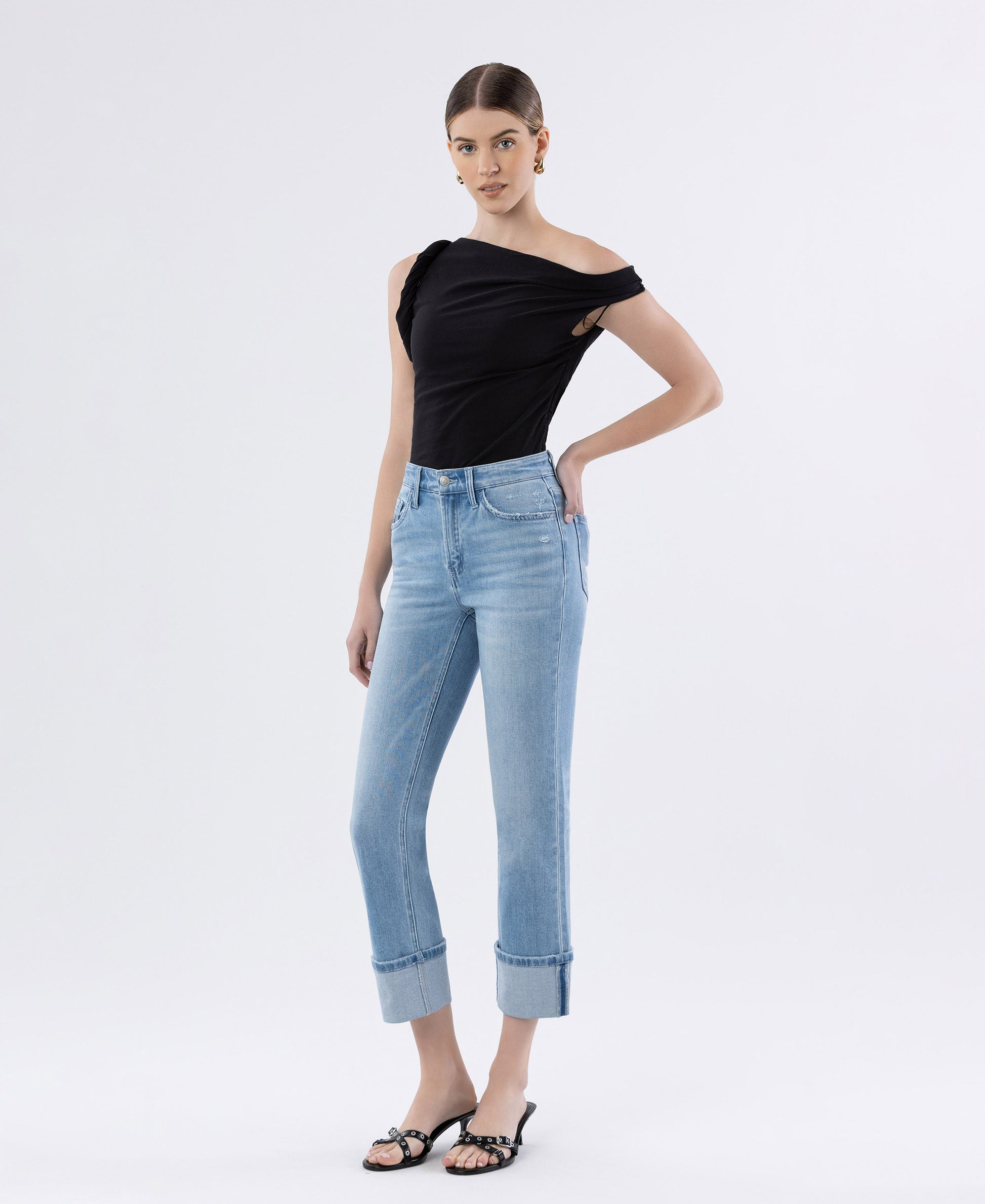 Left 45 degrees product image of Motivated - High Rise Distressed Cuffed Crop Slim Straight Jeans