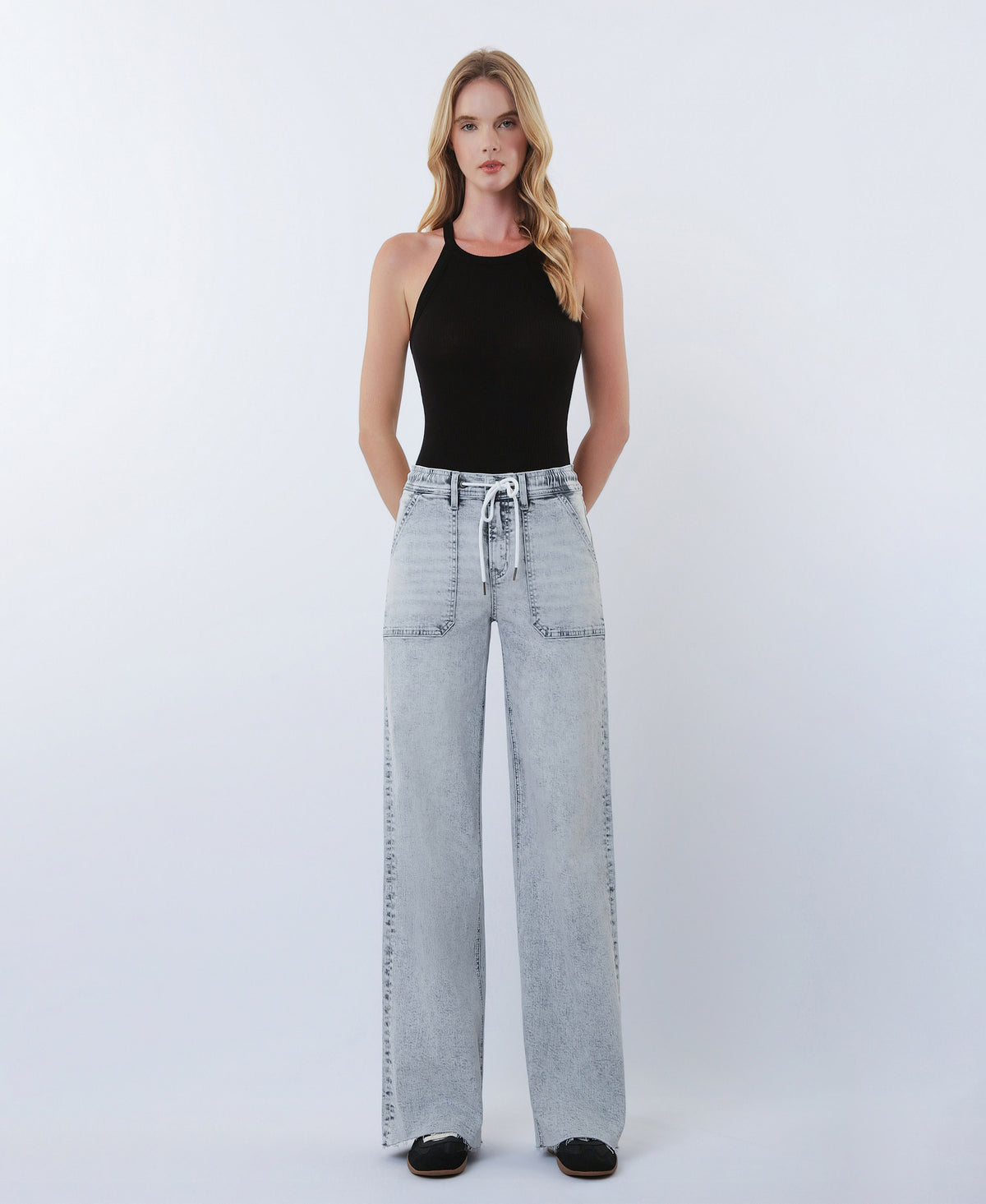 Front product images of Innovation- High Rise Utility Pocket Drawstring Wide Leg Jeans