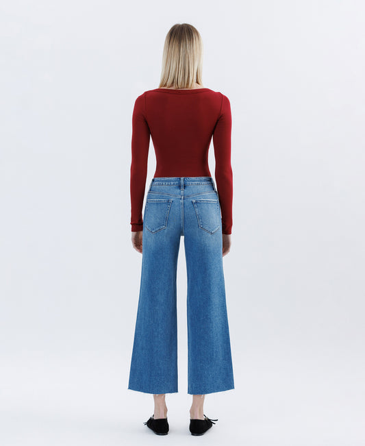 Back product images of Jubilation - High Rise Raw Hem Crop Slim Wide Leg Jeans