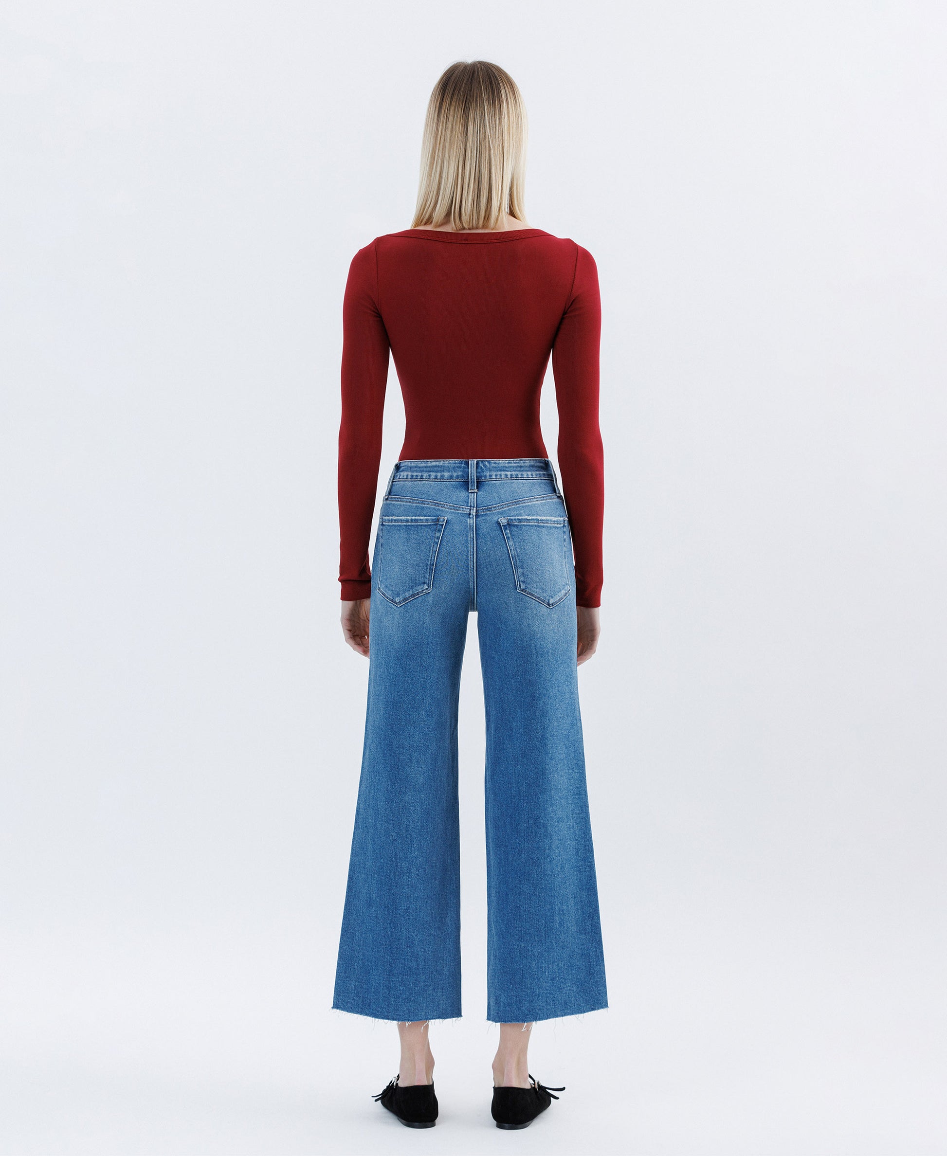 Back product images of Jubilation - High Rise Raw Hem Crop Slim Wide Leg Jeans