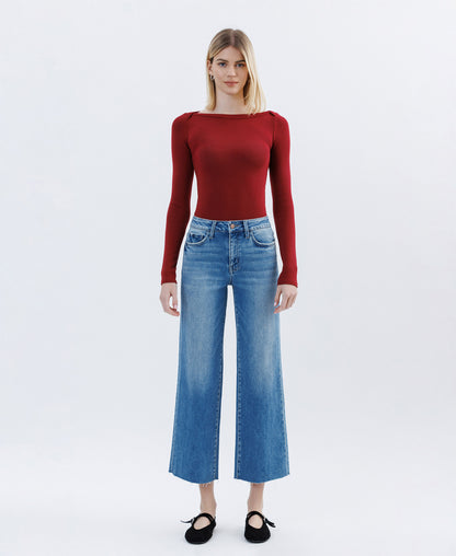 Front product images of Jubilation - High Rise Raw Hem Crop Slim Wide Leg Jeans