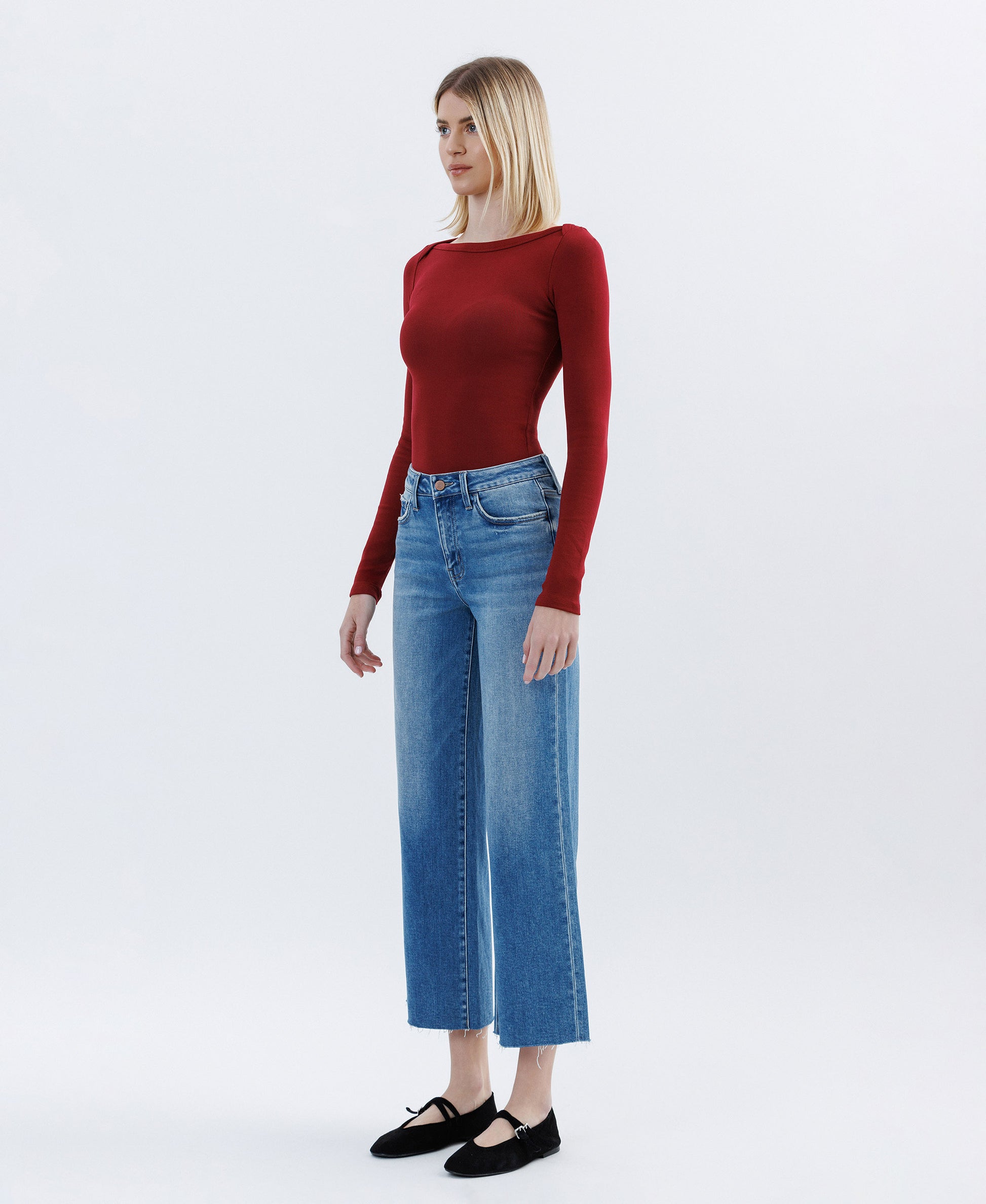 Left 45 degrees product image of Jubilation - High Rise Raw Hem Crop Slim Wide Leg Jeans