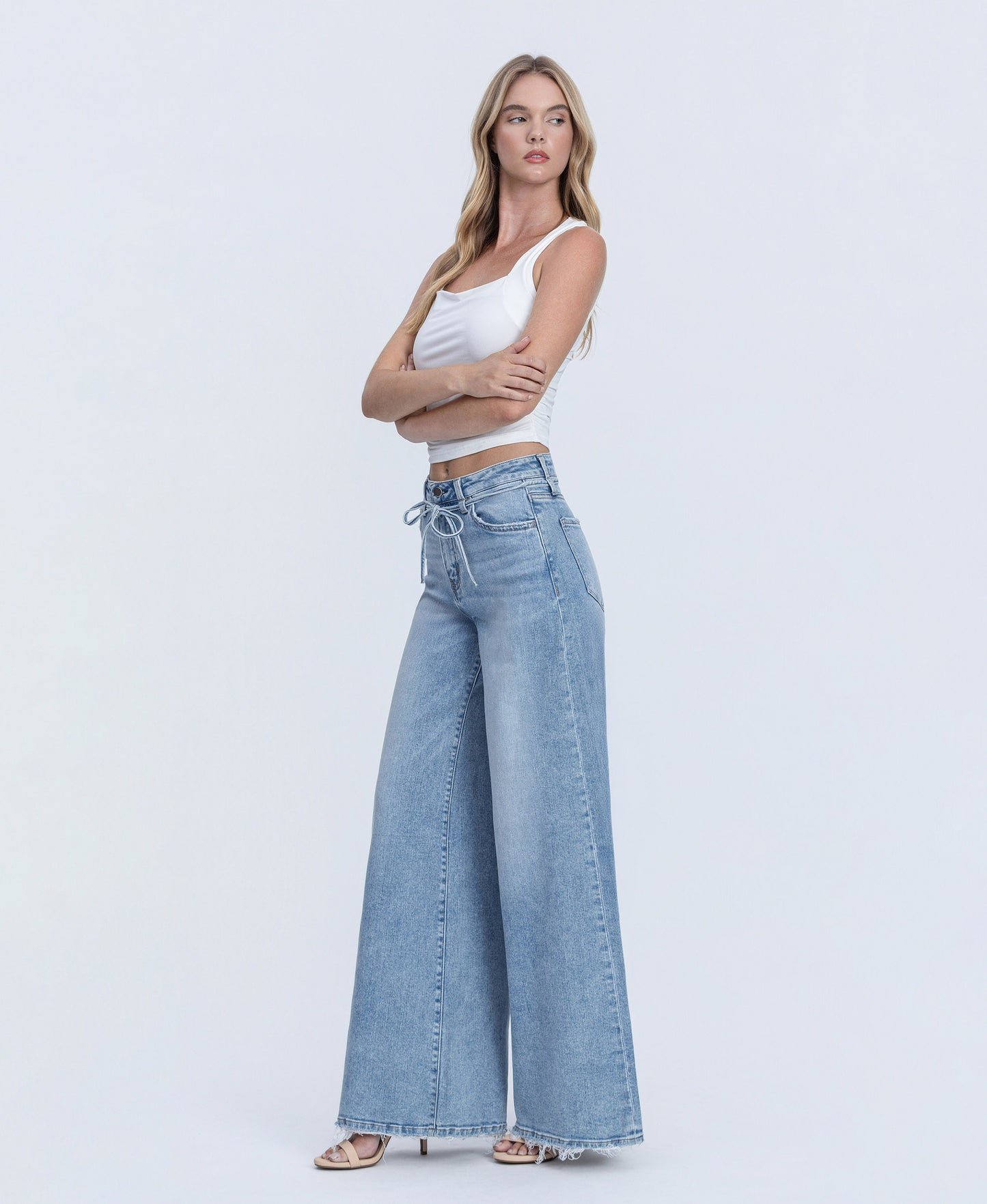 Left 45 degrees product image of Jollify - Super High Rise Drawstring Waist Palazzo Jeans