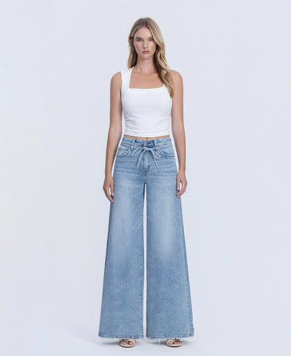 Front product images of Jollify - Super High Rise Drawstring Waist Palazzo Jeans