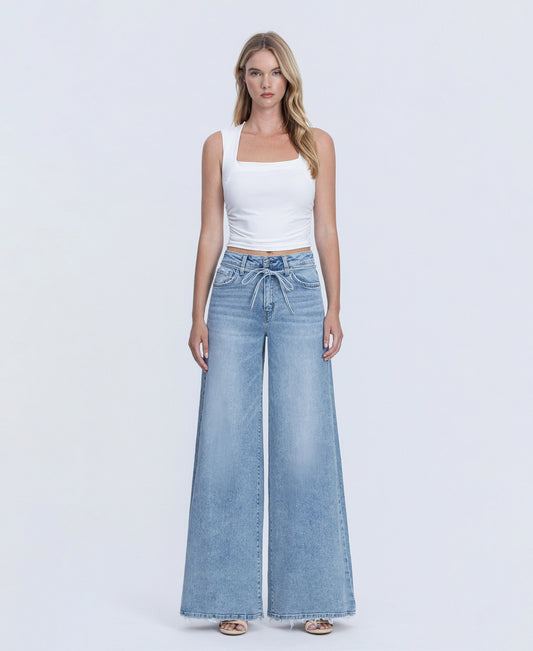 Front product images of Jollify - Super High Rise Drawstring Waist Palazzo Jeans