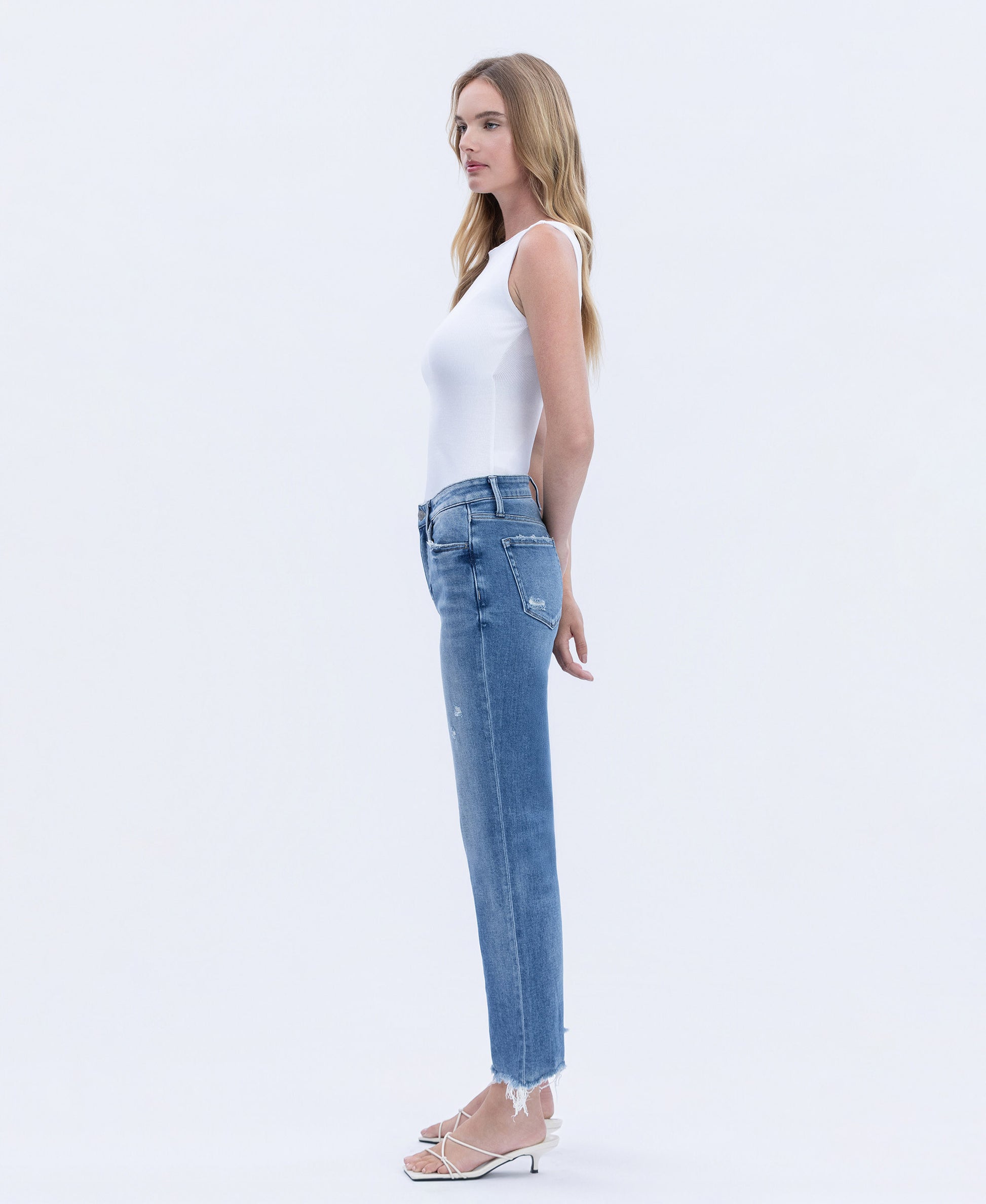 Left 45 degrees product image of Impressive - High Rise Distressed Raw Hem Crop Straight Jeans