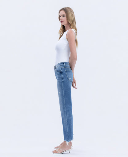 Left 45 degrees product image of Impressive - High Rise Distressed Raw Hem Crop Straight Jeans