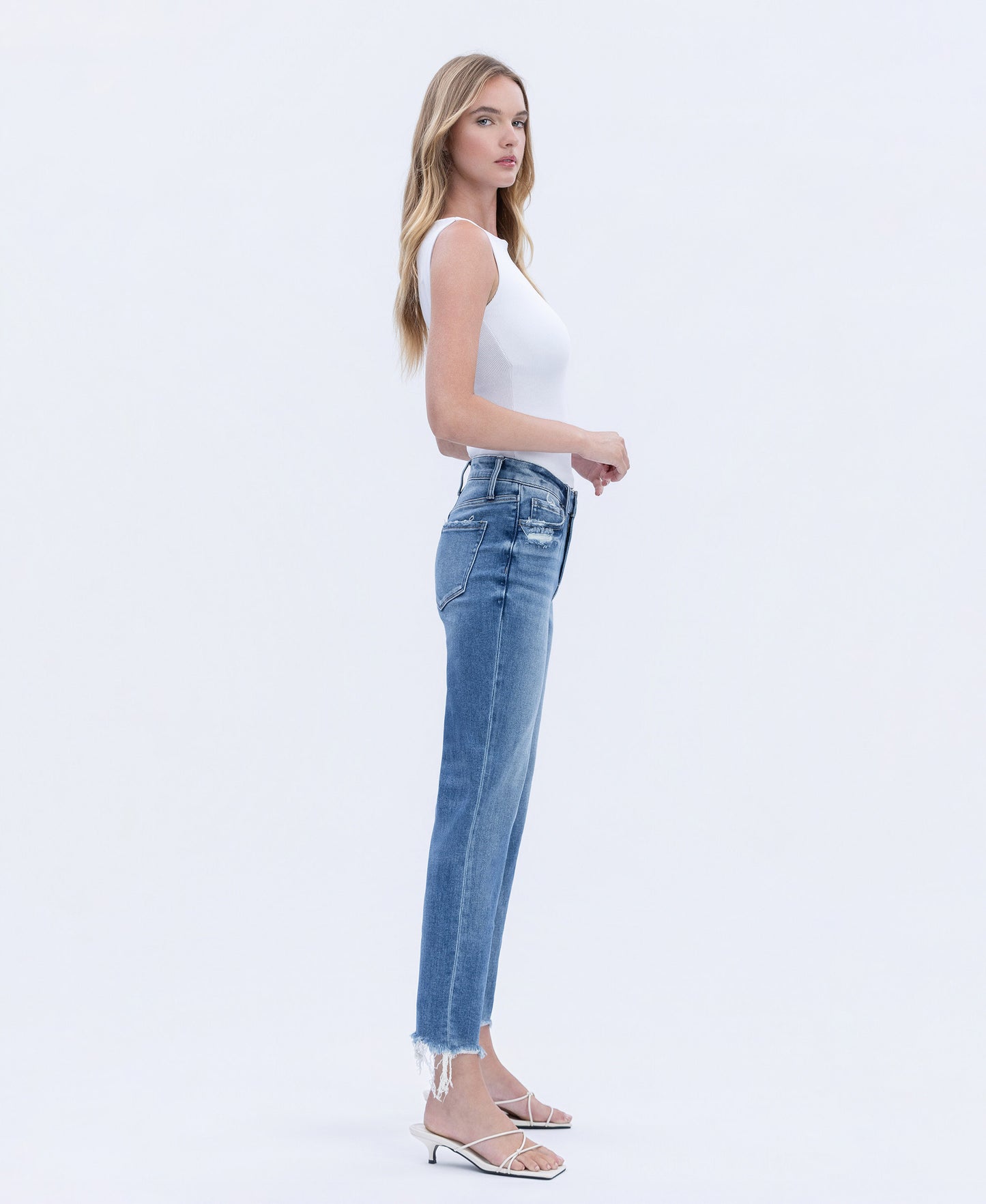 Right 45 degrees product image of Impressive - High Rise Distressed Raw Hem Crop Straight Jeans