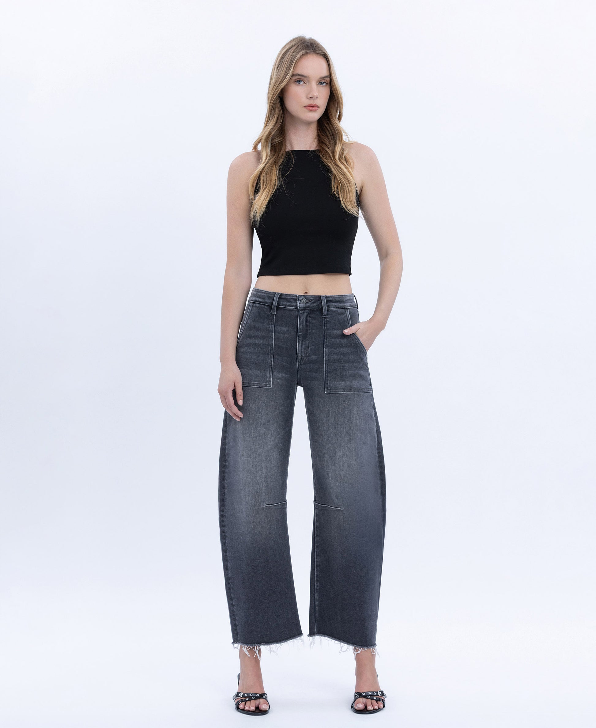 Front product images of Beachwood - High Rise Raw Hem Crop Utility Barrel Jeans
