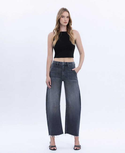 Front product images of Beachwood - High Rise Raw Hem Crop Utility Barrel Jeans
