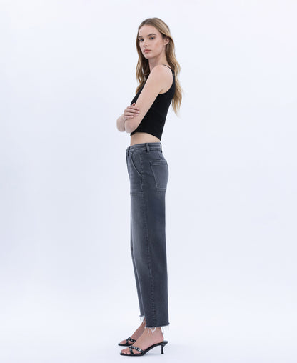 Left side product images of Beachwood - High Rise Raw Hem Crop Utility Barrel Jeans