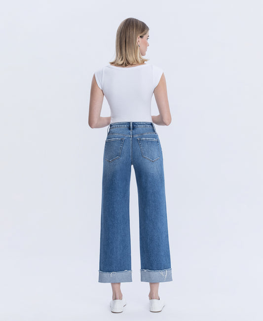 Back product images of Eclipse - High Rise Cuffed Raw Hem Slim Wide Leg Jeans