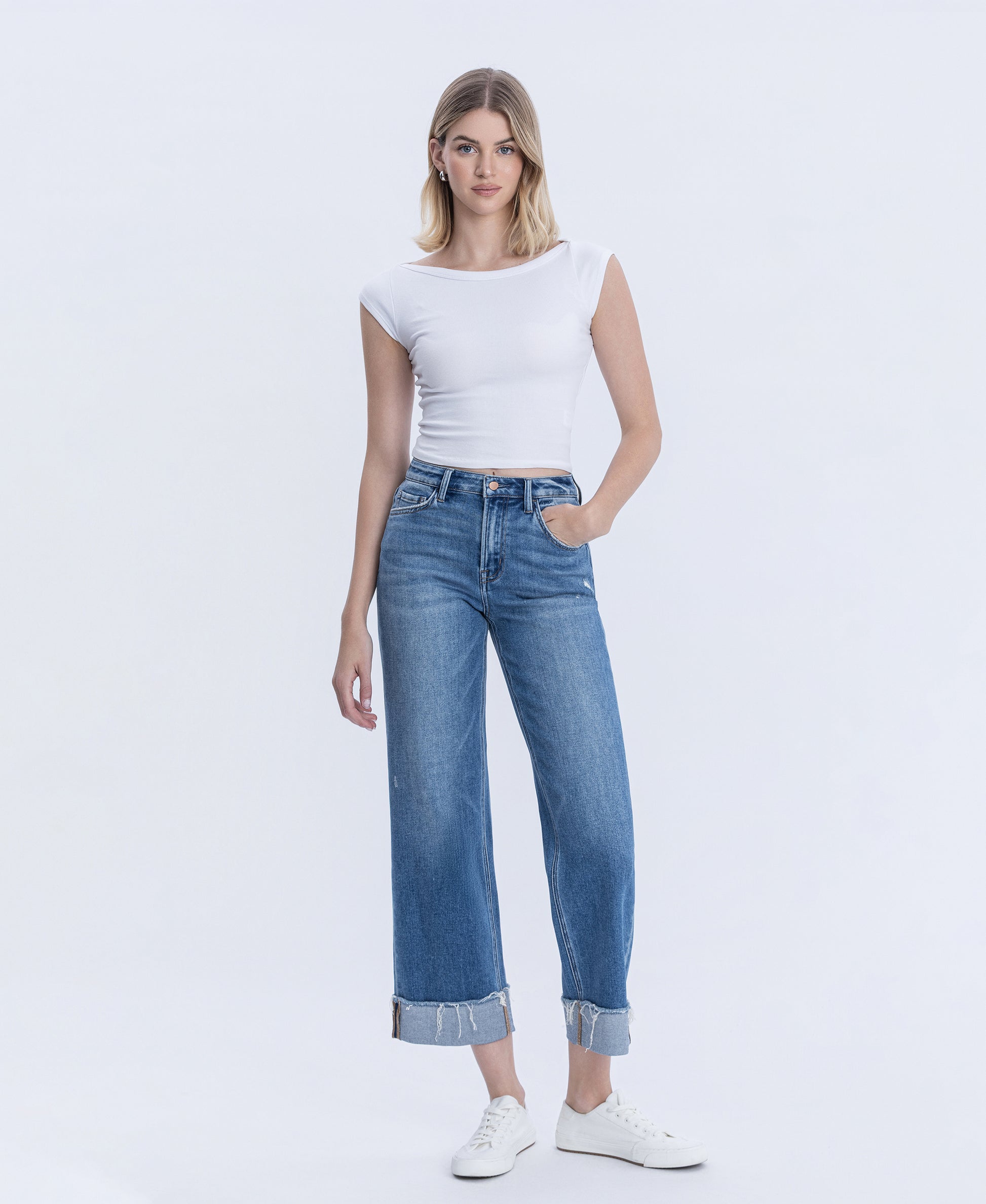 Front product images of Eclipse - High Rise Cuffed Raw Hem Slim Wide Leg Jeans