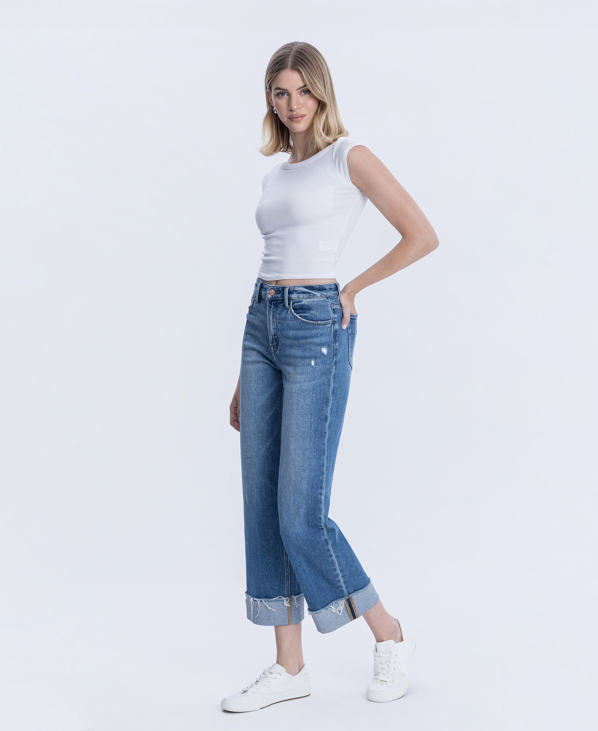 Left 45 degrees product image of Eclipse - High Rise Cuffed Raw Hem Slim Wide Leg Jeans