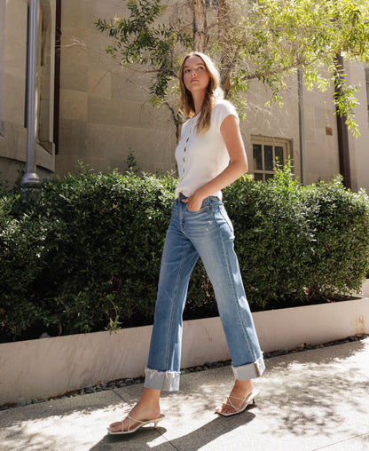 editorial image of Eclipse - High Rise Cuffed Raw Hem Slim Wide Leg Jeans
