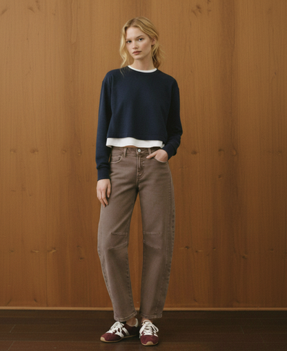 EDITORIAL IMAGE OF Stone - High Rise Crop Barrel Jeans