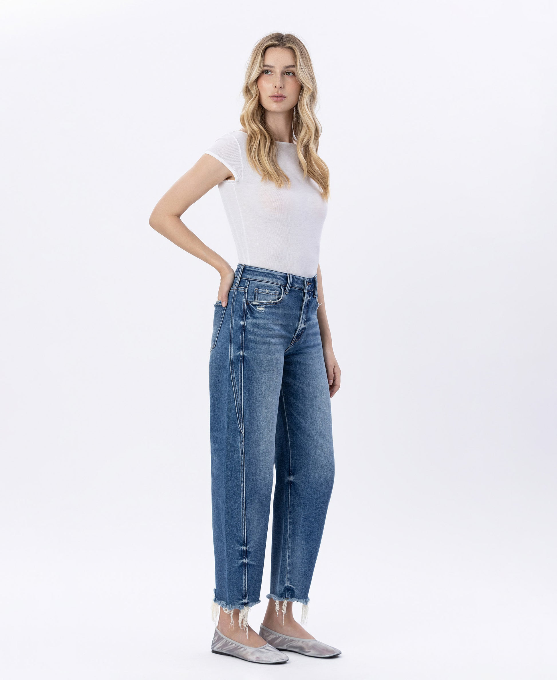 Right 45 degrees product image of Delicate Zephyr - High Rise Uneven Raw Hem Barrel Jeans