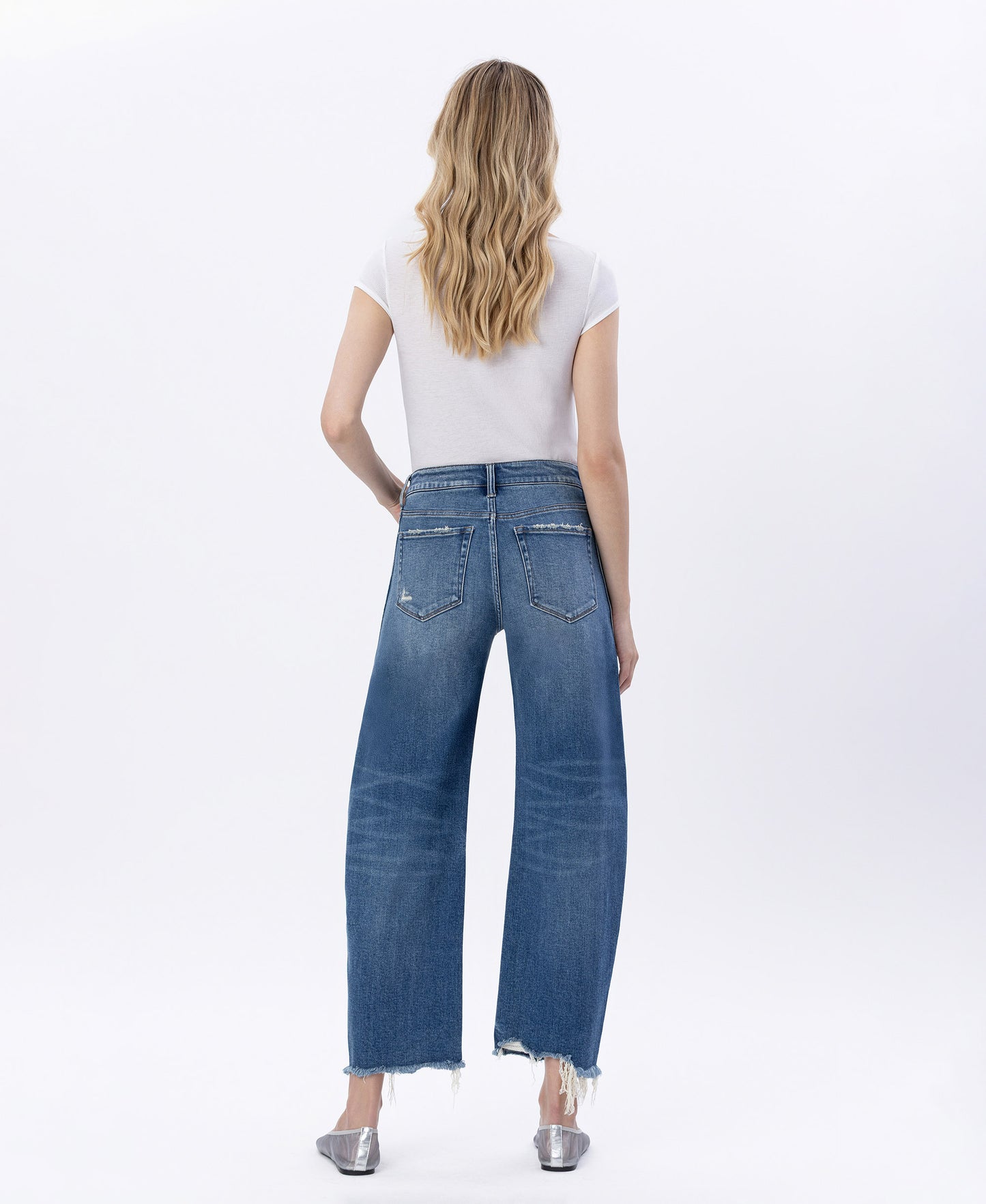 Back product images of Delicate Zephyr - High Rise Uneven Raw Hem Barrel Jeans