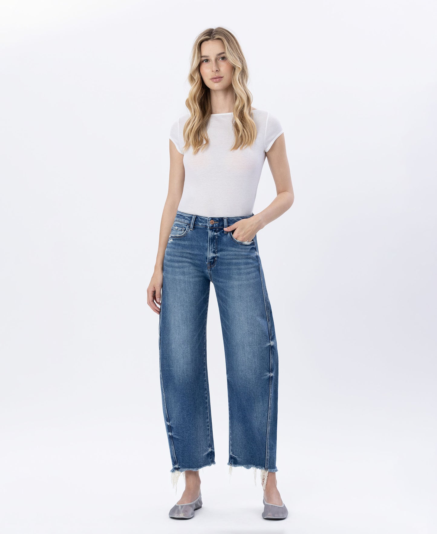 Front product images of Delicate Zephyr - High Rise Uneven Raw Hem Barrel Jeans