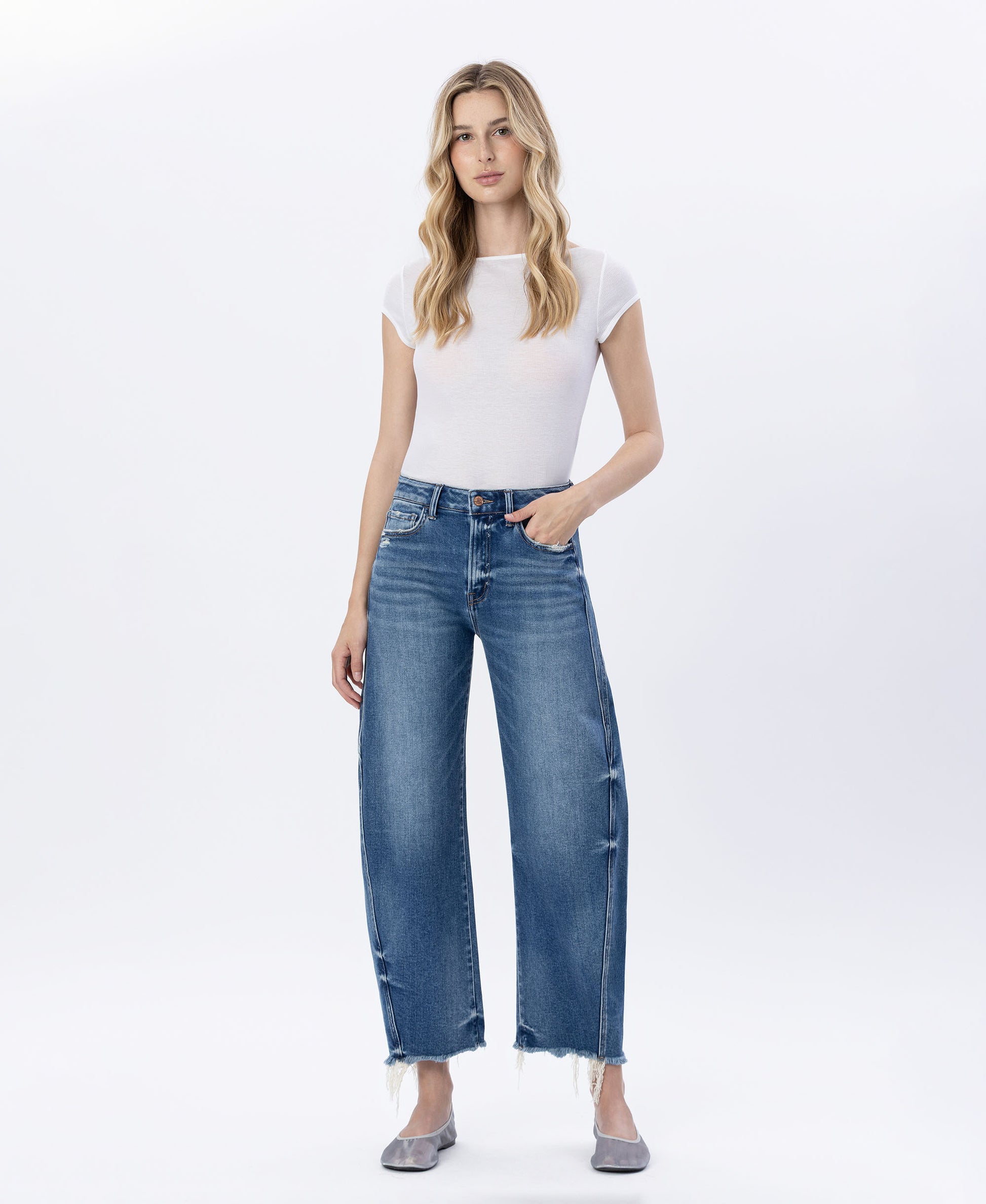 Front product images of Delicate Zephyr - High Rise Uneven Raw Hem Barrel Jeans