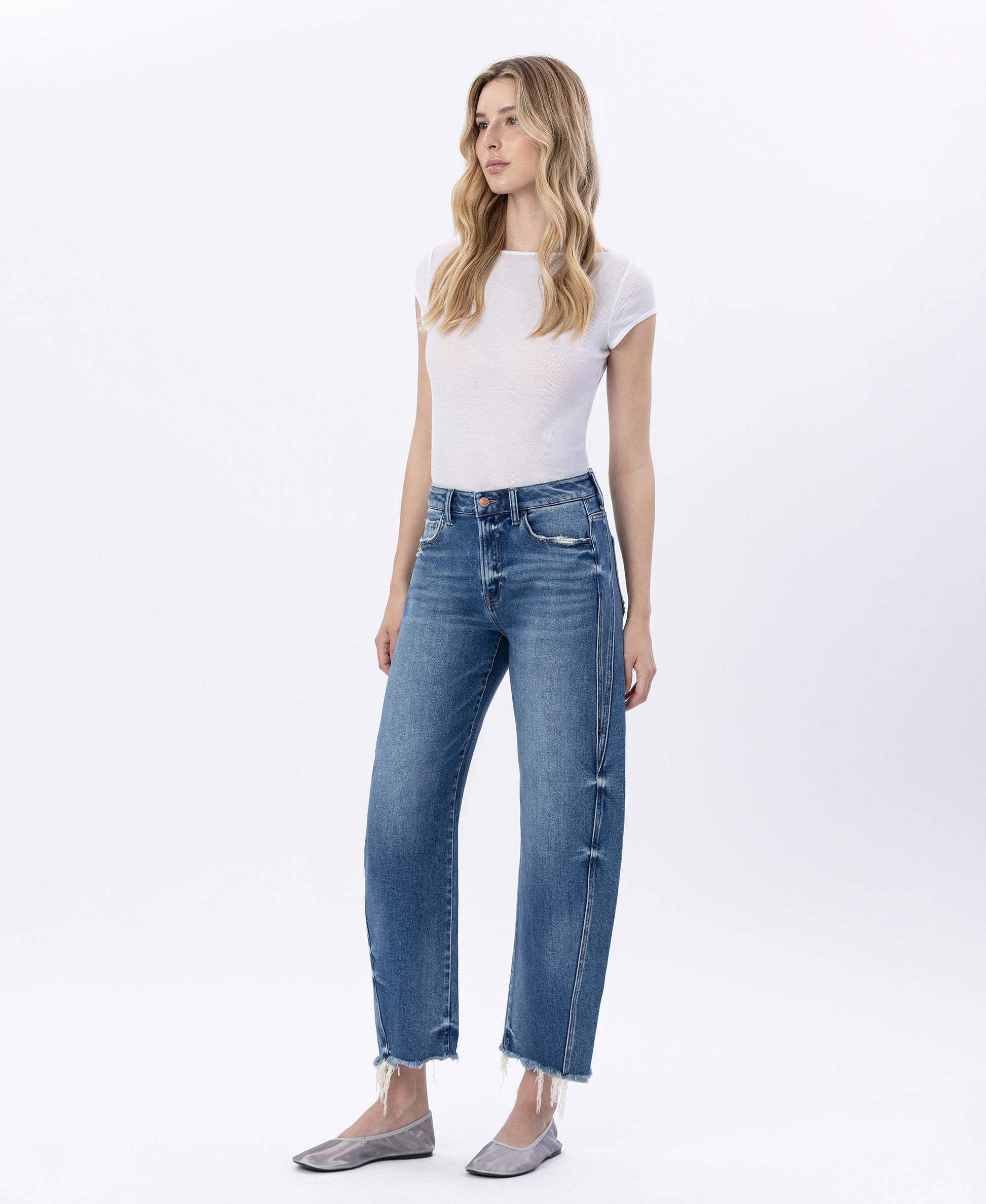 Left 45 degrees product image of Delicate Zephyr - High Rise Uneven Raw Hem Barrel Jeans